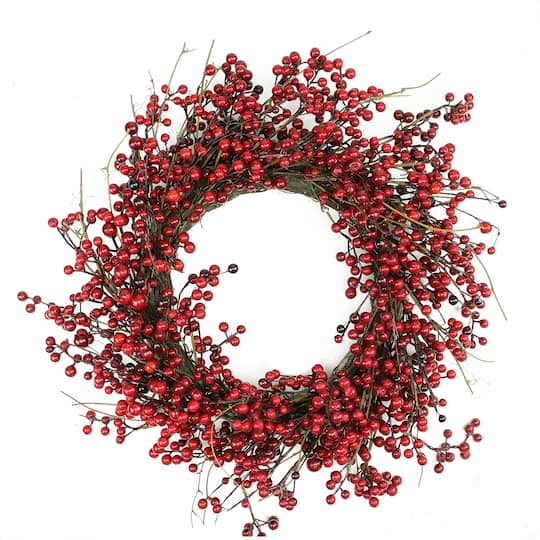 20&#x22; Shiny Red Berry Artificial Wreath with Brown Twig Accents, Unlit